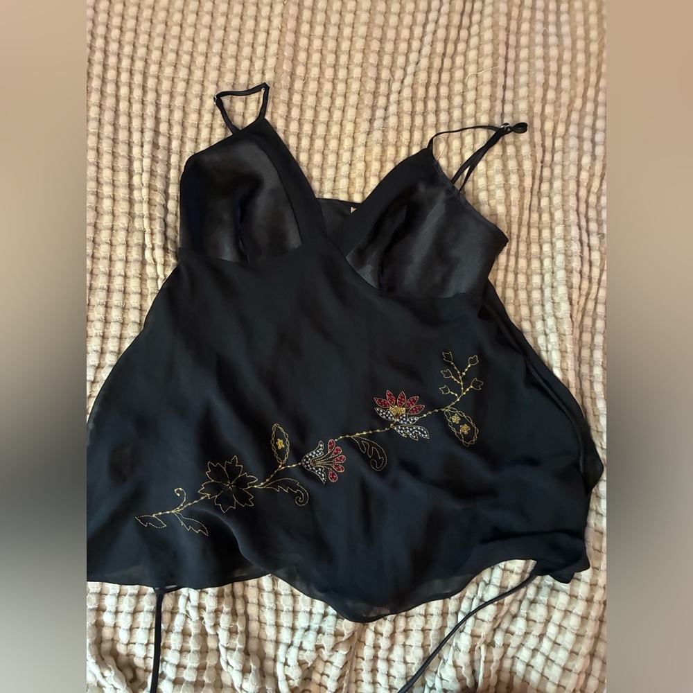 Vintage Massini Black Chiffon Nightgown Small Embroidery Floral Fem Babydoll